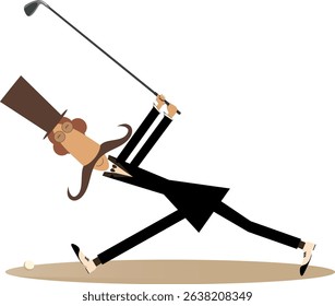 Golfer man on the golf course. 
Golf course. Long mustache man in the top hat aiming to do a good shot. Isolated on white illustration
