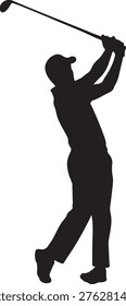 Golfer in the middle of a powerful swing on a sunny day silhouette vector icon