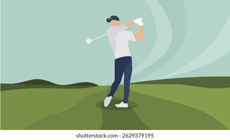 golfer on the field, flat color illustration