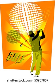 Golfer on the field makes a strong blow mallet;