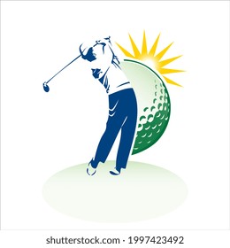 Golfer on golf ball and sun background logo design template.  Vector illustration