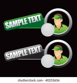 golfer on tilted green and gray banners