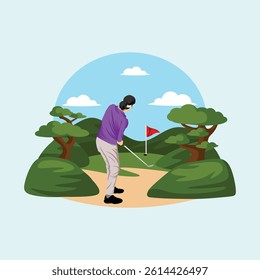 Golfer Player Athlete in Action Posing in Green Golf Court Field Outdoor Landscape Vector