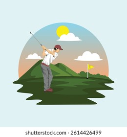 Golfer Player Athlete in Action Posing in Green Golf Court Field Outdoor Landscape Vector