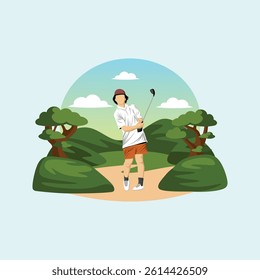 Golfer Player Athlete in Action Posing in Green Golf Court Field Outdoor Landscape Vector