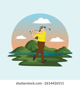 Golfer Player Athlete in Action Posing in Green Golf Court Field Outdoor Landscape Vector