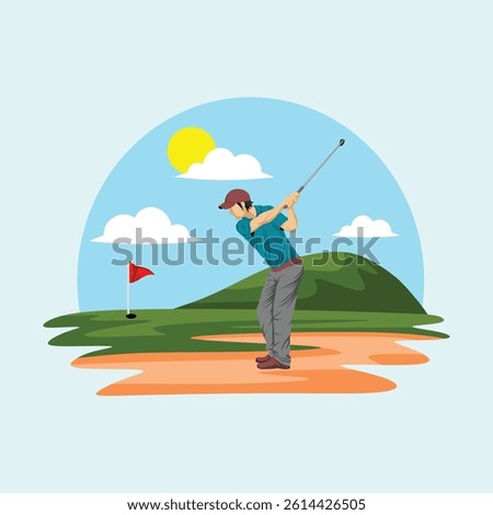 Golfer Player Athlete in Action Posing in Green Golf Court Field Outdoor Landscape Vector