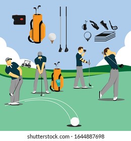 Golfer playing golf in golf field at day time and universal golf icons. Suitable for infographic or illustration for presentation, as many templates related to sports, etc.