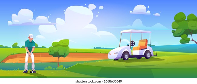 Golfer playing golf on green field hitting ball with club near cart on nature course landscape background with sand bunker and trees under blue cloudy sky. Sport tournament cartoon vector illustration