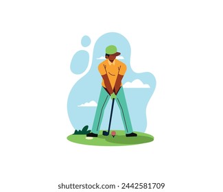 Golfer playing golf vector illustration. Cartoon isolated man in hat with club hitting ball to hole on field, action of player character in cap training in golf course, leisure