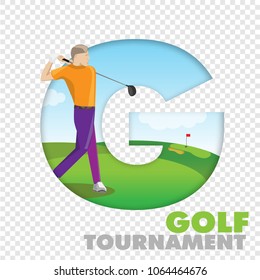 Golfer Playing on Golf Course.  Tournament invitation flyer template vector graphic design. 