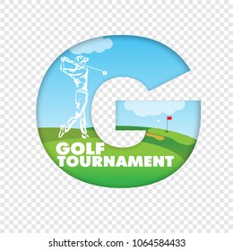 Golfer Playing on Golf Course.  Tournament invitation flyer template vector graphic design. 
