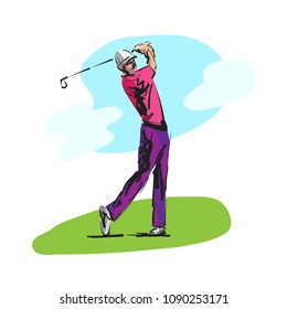 Golfer Playing on Golf Course. Hand drawn Golf illustration