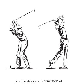 Golfer Playing on Golf Course. Hand drawn Golf illustration