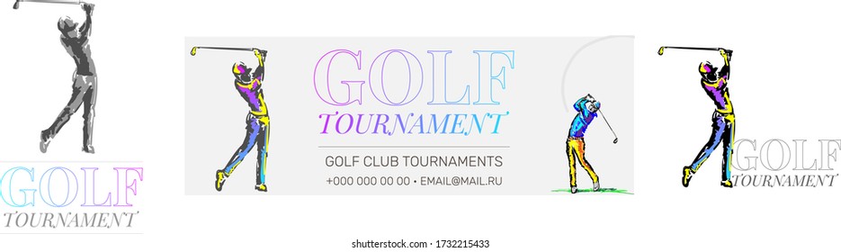 Golfer Playing on Golf Course. Hand drawn. Vector sport flyer design template.