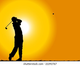 A golfer playing at sunset