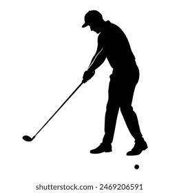 A golfer is preparing to make a swing on the golf course, seen as a silhouette against the sky