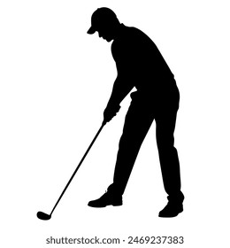 A golfer is preparing to make a swing on the golf course, seen as a silhouette against the sky