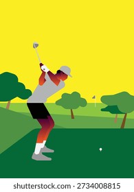 Golfista preparándose para columpiarse bajo un cielo brillante.