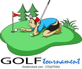 A golfer putting the ball in the hole with his hand.