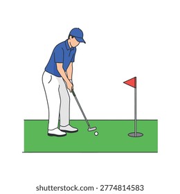 Golfer putting ball on green towards flag in golf course Vector