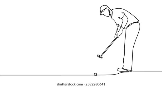 Golfer putting with a club in continuous line drawing. Minimalist depiction of precision, calmness, and concentration. Vector illustration hand drawn.