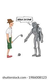 Golfer and robot caddy vector illustration. 