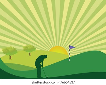 Golfer silhouette in green rolling countryside with bright sun and sunburst sky