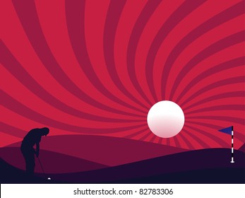 Golfer silhouette at night time with full moon