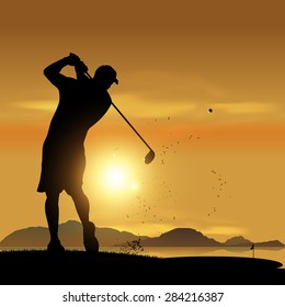 Golfer silhouette swinging at sunset design background