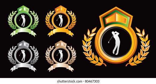 Golfer silhouette in various colored royal crests