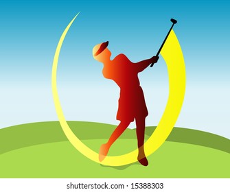 Golfer silhouette with yellow swing shadow