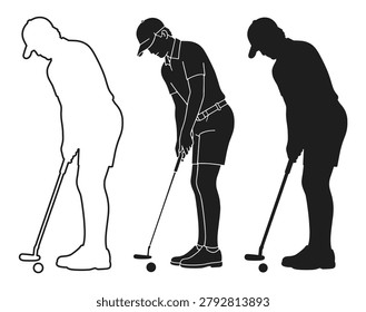 Golfer silhouettes in different putting poses. Vector set showing a golfer wearing cap and shorts.