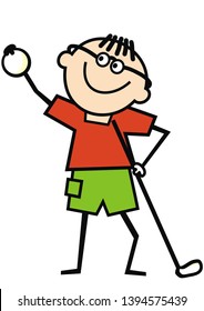 Golfer, single male, funny vector illustration. One young man doing sports. Man with golf club and ball. Colored image.