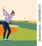 Golfer sport course golf ball fairway. People lifestyle woman playing game golf tee of on the green grass.