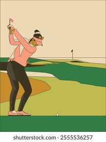 Golfer sport course golf ball fairway. People lifestyle woman playing game golf tee of on the green grass.