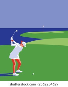 Golfer sport course golf ball fairway. People lifestyle woman playing game golf tee of on the green grass.