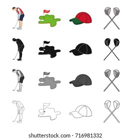 Golfer with stick, golf course, cap, crossed clubs. Golf set collection icons in cartoon black monochrome outline style vector symbol stock illustration web.