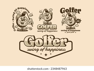 Golfer swing of happiness, mascot character illustration of golf ball holding a golf stick, design in vintage style