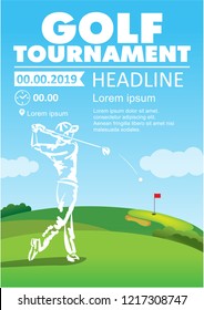 Golfer swing on golf course. Golf poster. Vector sport flyer design template.