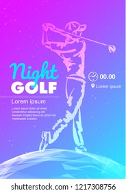 Golfer swing on golf course. Golf poster. Vector sport flyer design template.