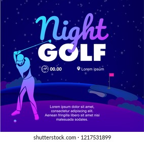 Golfer swing on golf course. Vector sport flyer design template.