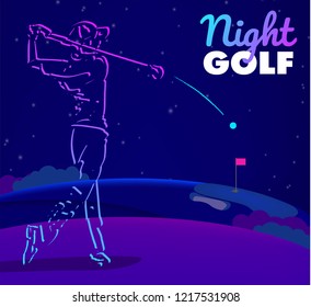 Golfer swing on golf course. Vector sport flyer design template.