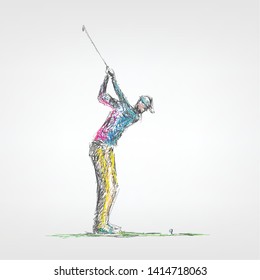 Golfer swing on golf course. Hand drawn illustration