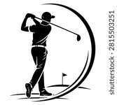  Golfer Swinging Circular Badge Vector Illustration
