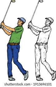 Golfer swinging his golf club. Hand drawn vector illustration.