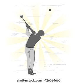 Golfer swinging. Man playing golf on a golf course in the sun. Vector illustration.