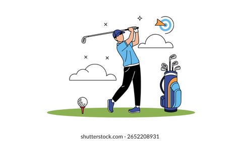 A Golfer Takes a Powerful Swing During a Sunny Day on the Green with Clouds and a Target in the Distance