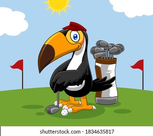 Golfer Toucan Bird Cartoon Character. Vector Illustration With Golf Course Background