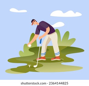 Golfista con uniforme pone la pelota. Estilo de vida deportivo y activo. Concepto de jugar al golf afuera. Ilustración vectorial plana en estilo de dibujos animados en colores azul y verde